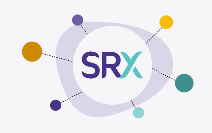 SRX Smart Engine illustration with the SRX logo at the centre of a connected network of nodes