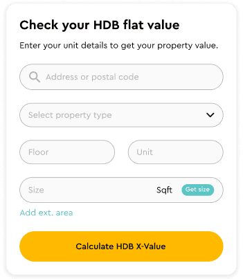 Sample HDB X-Value form with fields for address, property type, floor, unit, and size