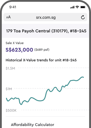Mobile screen showing an HDB X-Value estimate with a historical price trend chart